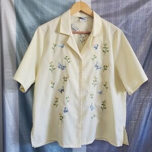 VTG BonWorth Womens M Yellow Striped Butterfly Floral Embroidered Blouse Top